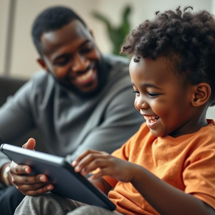 A happy young child sitting on a couch, engaged in playing a game on a tablet, with a smiling parent in the background, looking on with interest and support.