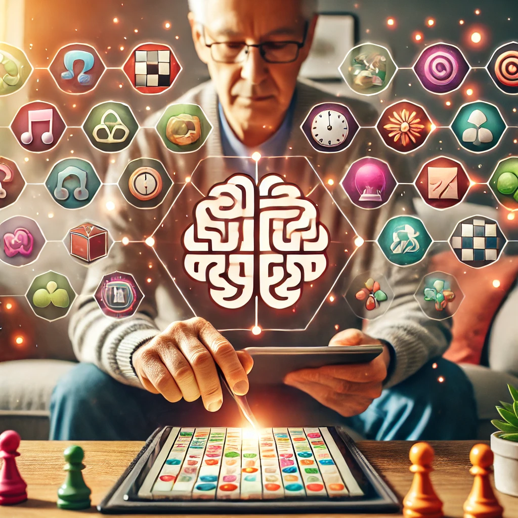 An adult engrossed in solving a digital brain puzzle on a tablet, surrounded by vibrant icons representing games like Sudoku, Chess, word puzzles, and matching cards, set in a cozy living room with warm lighting